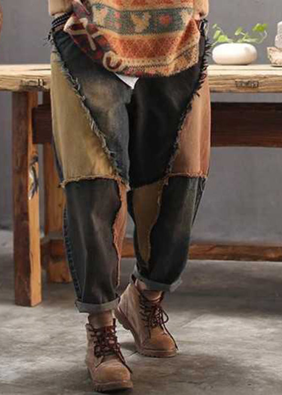 Colorblock Patchwork Elastic Waist Button Jeans