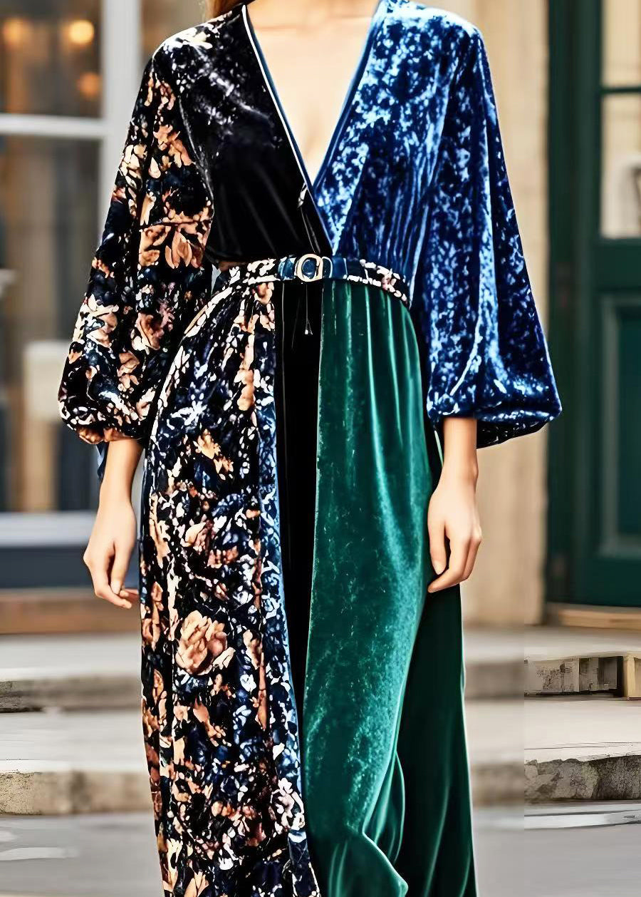 V Neck Patchwork Print Silk Velour Dress Spring