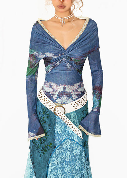 Blue V Neck Print Lace Patchwork Tulle Shirt Flare Sleeve