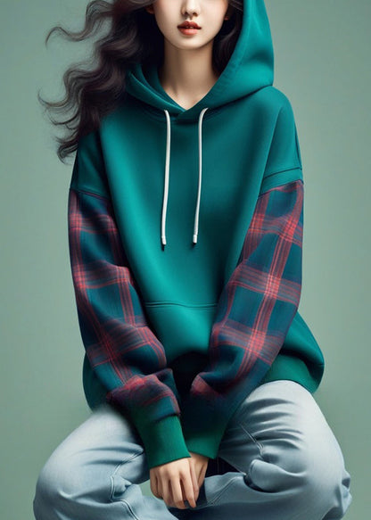 Blue Hooded Plaid Patchwork Cotton Sweatshirts Fall