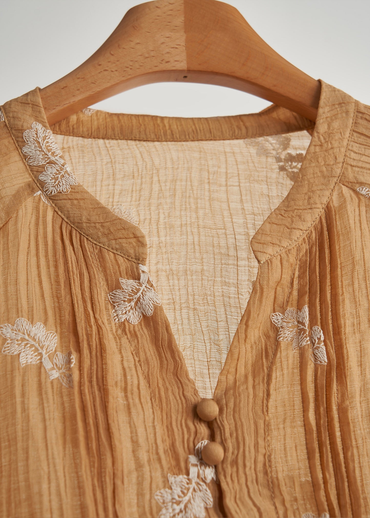 Khaki Embroidered Wrinkled Cotton Blouses Fall