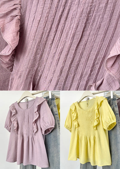 Loose Purple O Neck Wrinkled Cotton Blouse Summer