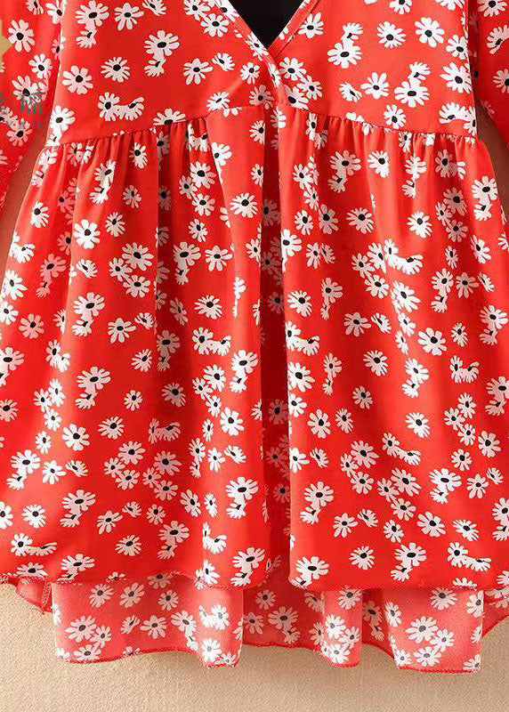 Unique Red V Neck Chiffon Shirt Tops Flare Sleeve
