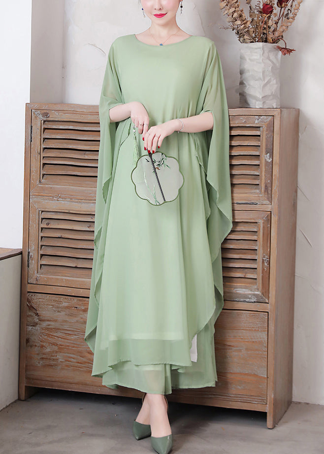 Loose Pea Green O-neck Chiffon Maxi Dresses Spring
