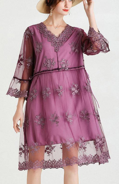 Mulberry V Neck Petal Sleeve Mini Summer Lace Dress