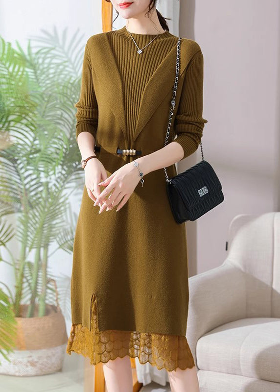 Slim Fit Black Stand Collar Lack Patchwork Llong Cotton Knit Sweater Dress Fall