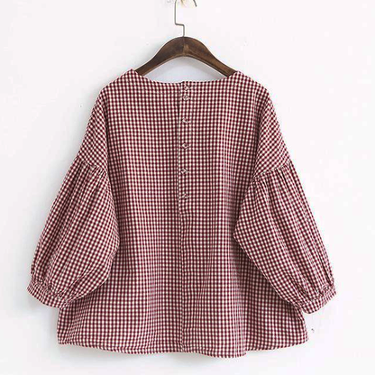 French Plaid Cotton Fine Sewing Asymmetric Clothing Blouse