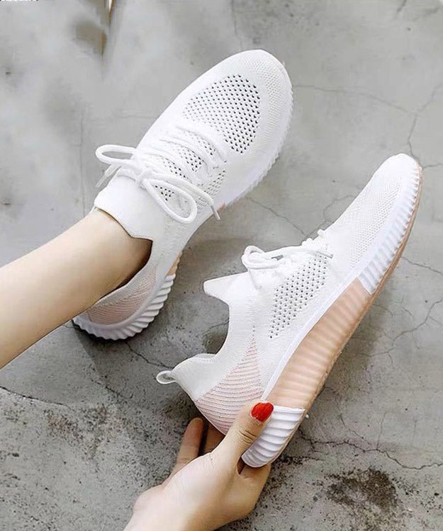 White Pink Knit Fabric Lace Up Flats Shoes