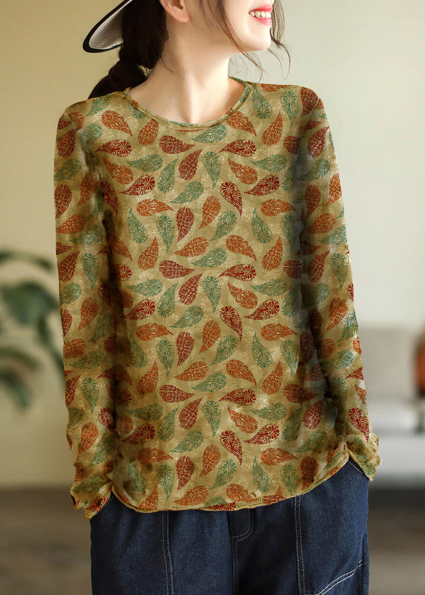 Blue O-neck Print Cotton Knitted Top Long Sleeve