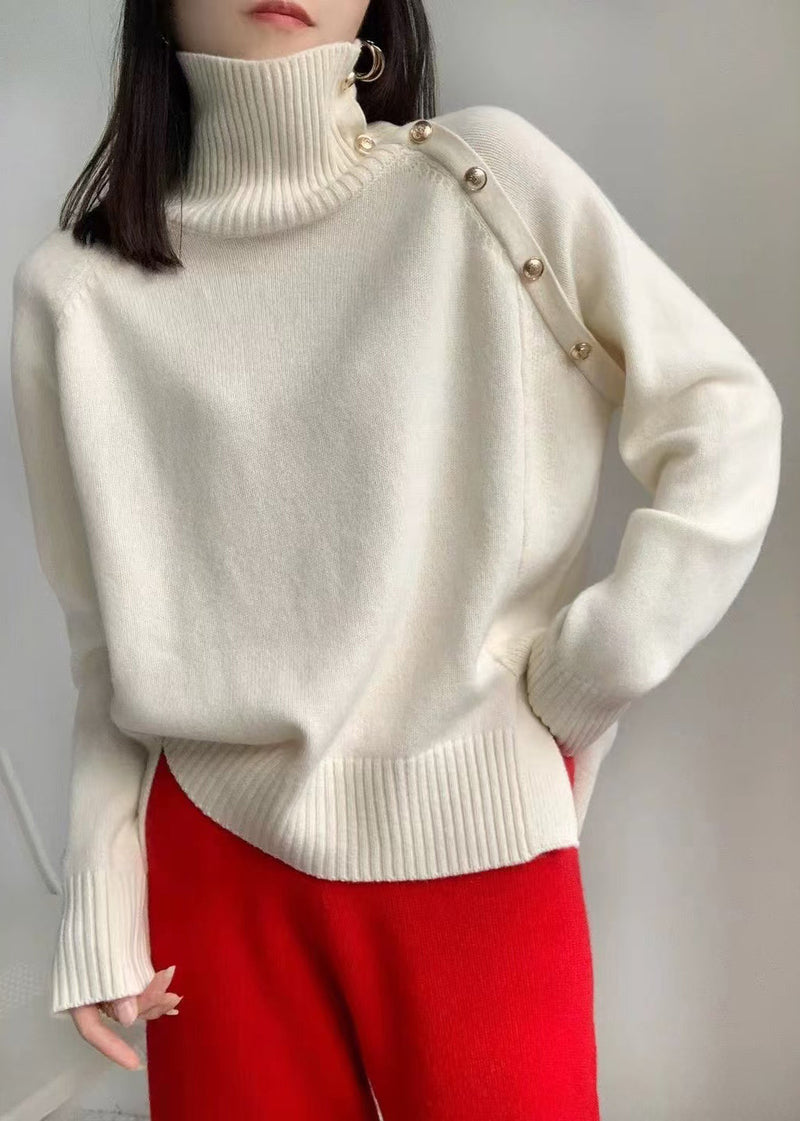 White High Neck Side Open Knit Sweaters Winter