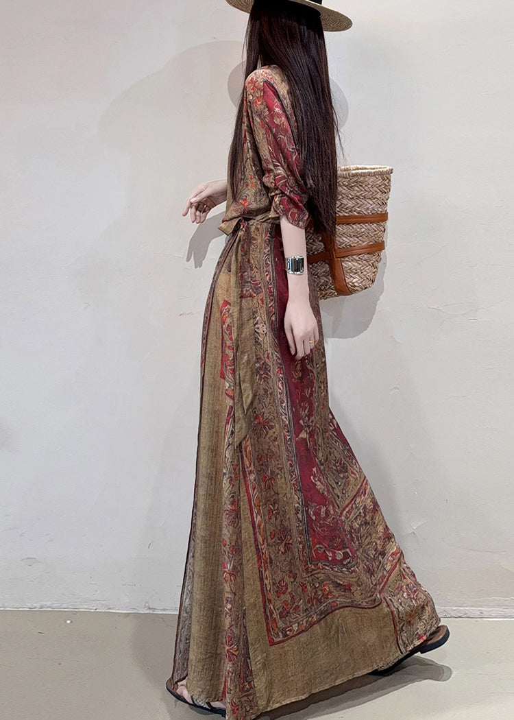 Coffee Cinched Print Linen Holiday Dress Summer