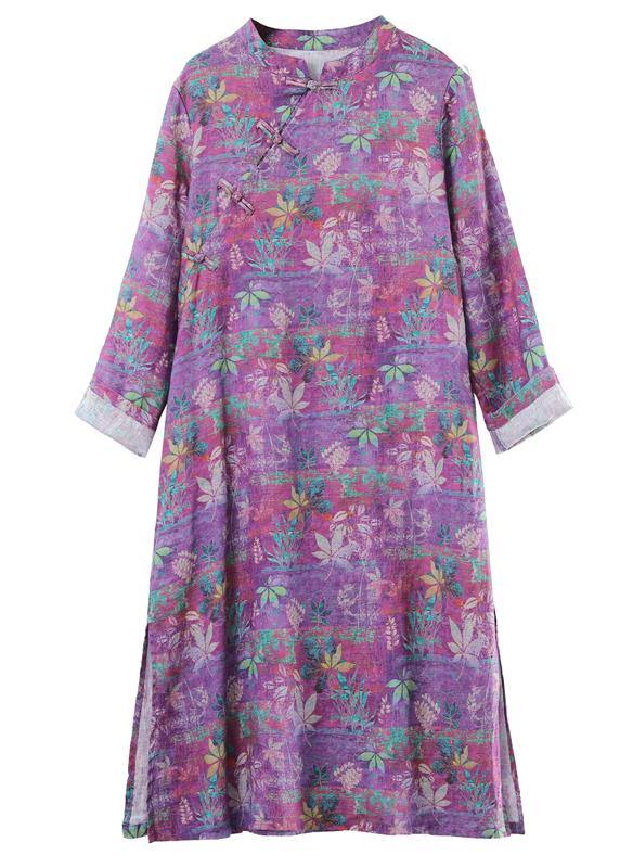 Stand Collar Chinese Button Spring Outfit Catwalk Purple Print Maxi Dresses