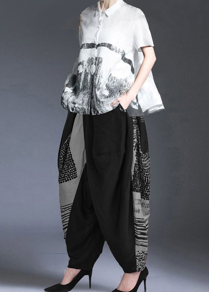 Classy White Peter Pan Collar Print Button Cotton Blend Top and Harem Pants Two Pieces Set Summer