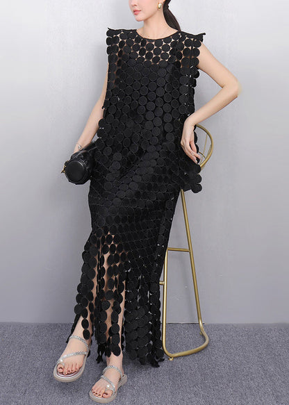 Black Dot Lace Top and Maxi Skirts Two Pieces Set Sleeveless