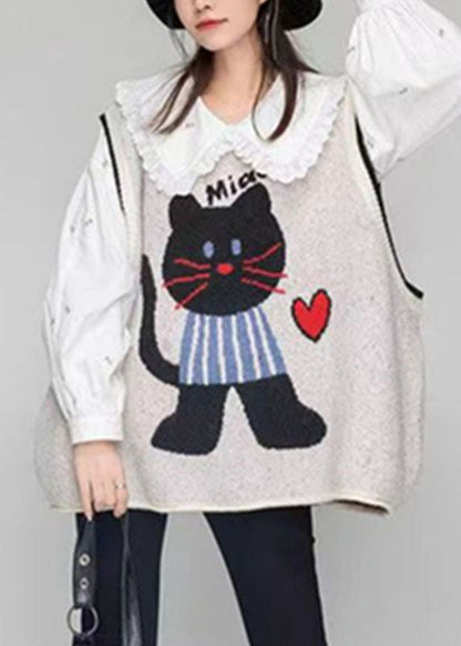 Loose Light Grey O-neck Animal Cozy Cotton Knit Waistcoat Fall