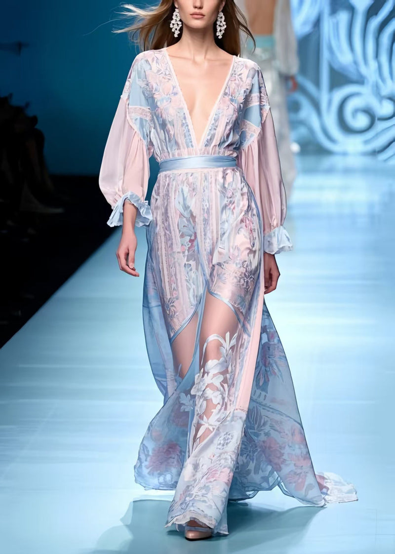 Blue Jacquard Patchwork Chiffon Long Dresses Summer