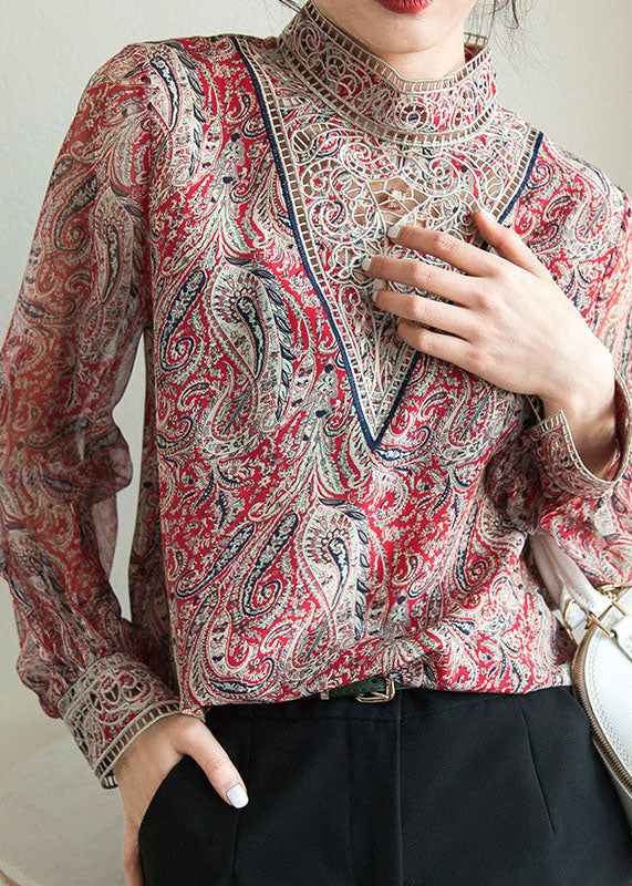Blue Embroidered Print Chiffon Shirt Lantern Sleeve