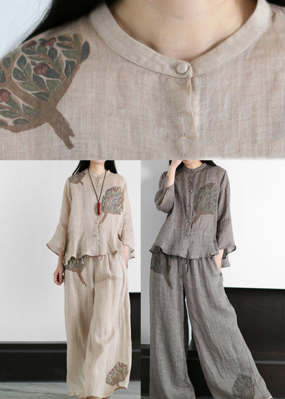 Apricot Pocket Linen Tops and Wide Leg Pants Two Piece Set Clothing Ruffles Flare Sleeve