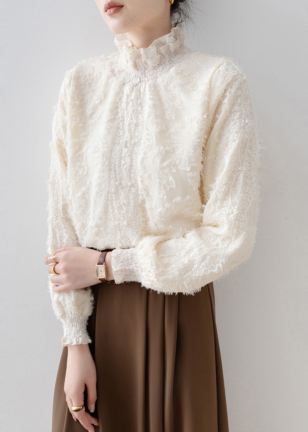 Beige Stand Collar Warm Fleece Blouse Tops Winter