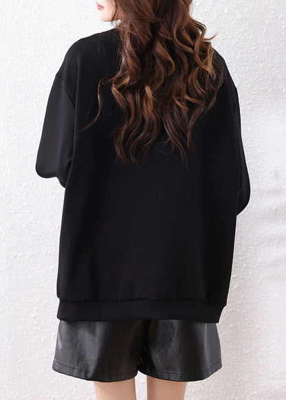 Loose Black Peter Pan Collar Zip Up Patchwork Cotton Sweatshirt Fall
