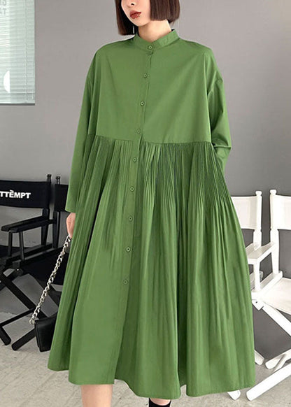 Green Wrinkled Pockets Button Fall Long Sleeve Dress