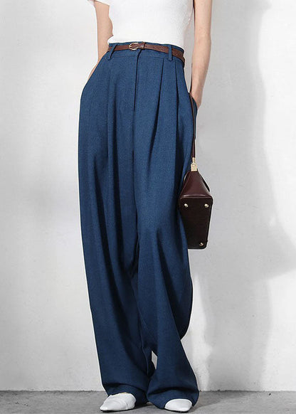 Loose Blue Zip Up Pockets Straight Pants Spring