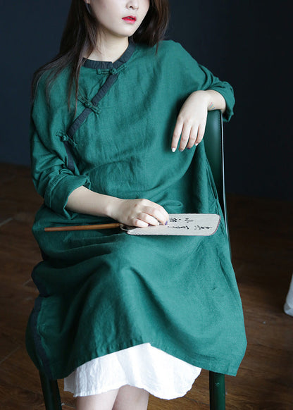 Brief Green O-neck Button Maxi Dresses Spring