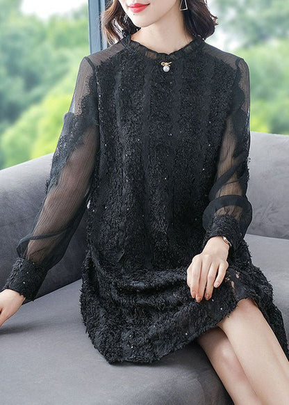 Italian Black O-neck Patchwork Silk Mid Dress Spring