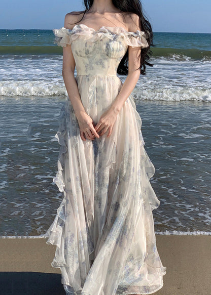 Ruffled Print Patchwork Chiffon Long Dresses Summer