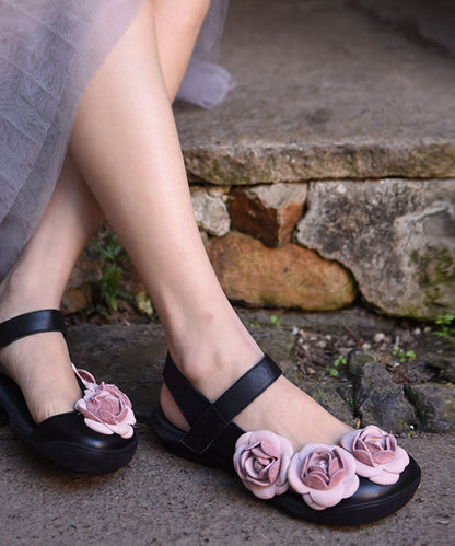 Black Cowhide Leather Classy Buckle Strap Splicing Walking Sandals
