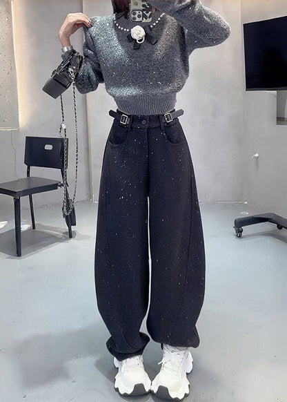 Grey Sequins Warm Fleece Woolen Pants Spring