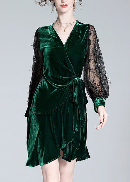 Green V Neck Tulle Patchwork Tie Waist Silk Velour Holiday Mid Dress Spring