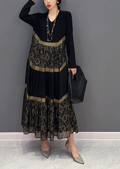 Black V Neck Tulle Patchwork Wrinkled Long Dress Spring