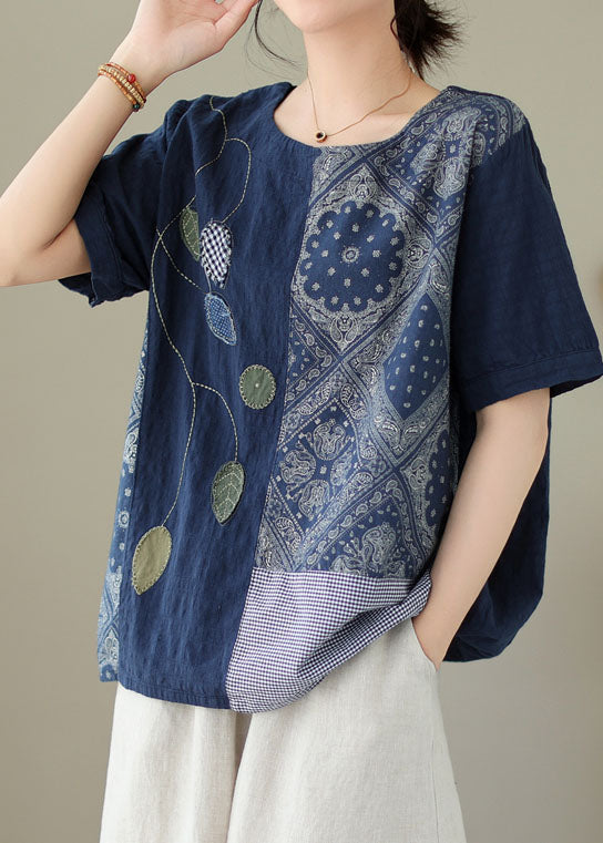 Navy Embroideried Print Patchwork Cotton T Shirt Tops Summer