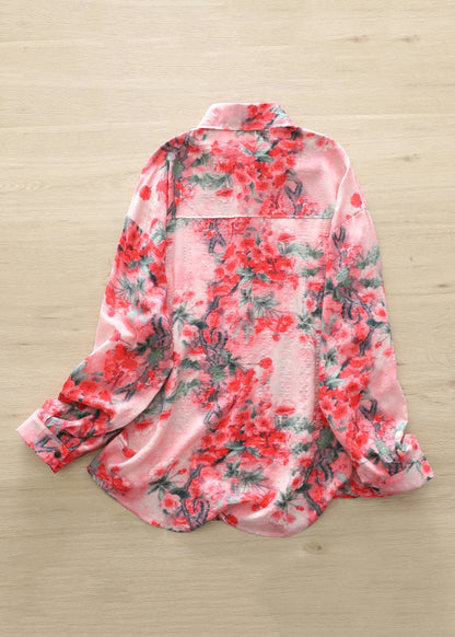 Red Peter Pan Collar Print Button Shirts Long Sleeve