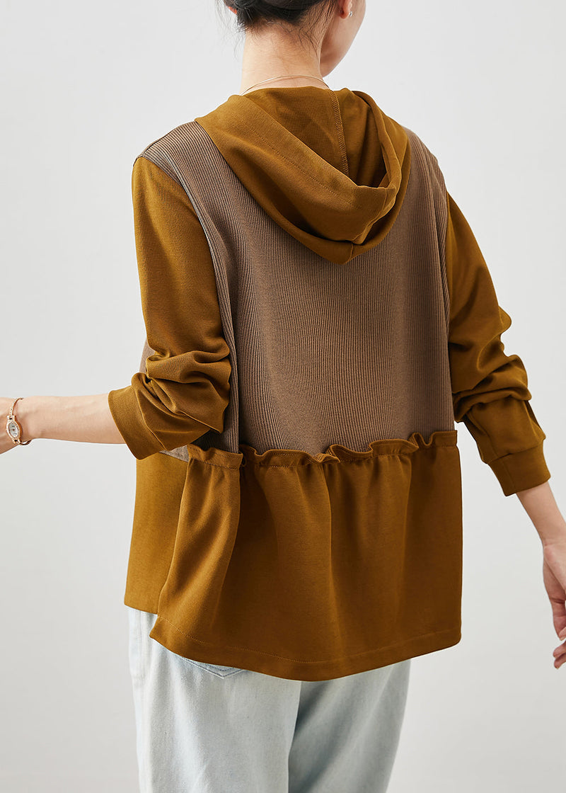 Brown Asymmetrical Patchwork Cotton Sweatshirts Top Fall