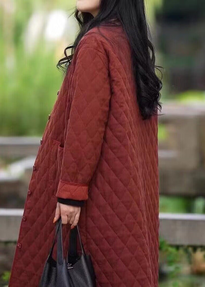 Red O Neck Pockets Fine Cotton Filled Coat in Winter