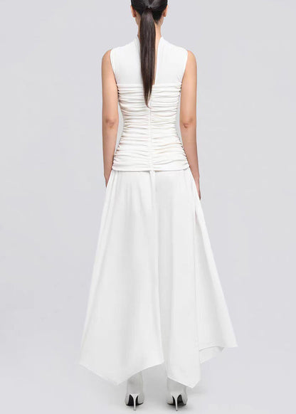 White Wrinkled Cotton Long Dresses Asymmetrical Summer
