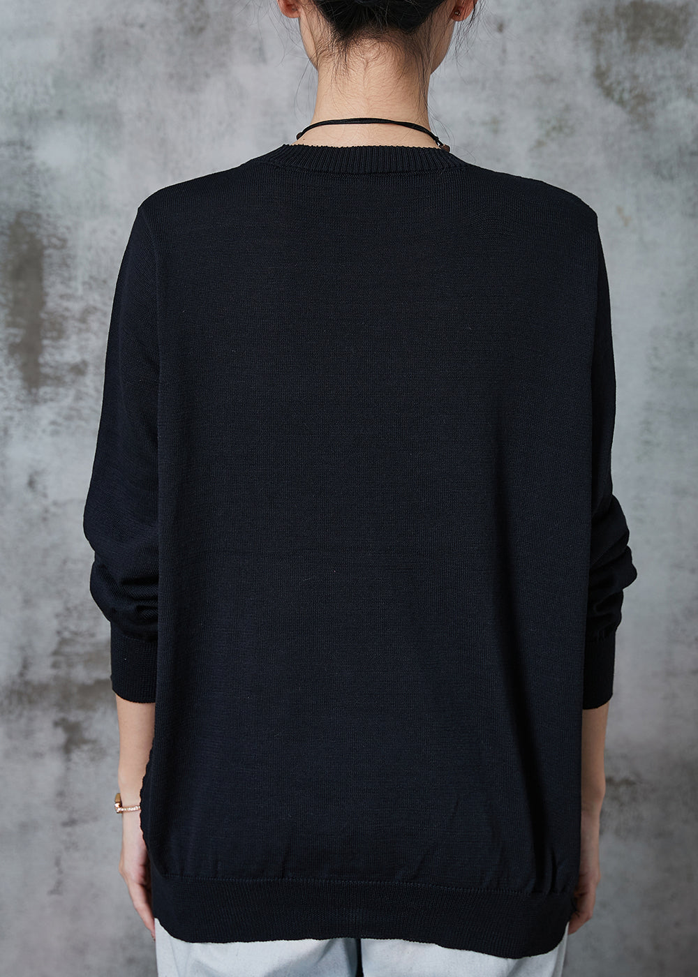 Black Patchwork Applique Knit Pullover Spring