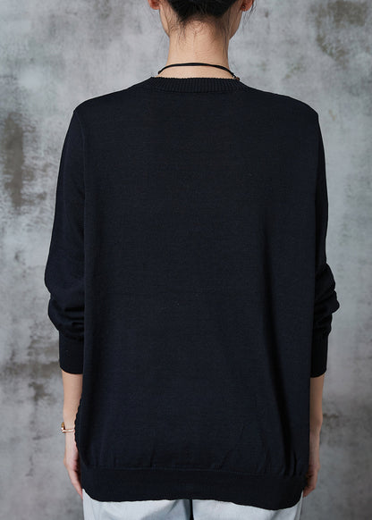 Black Patchwork Applique Knit Pullover Spring
