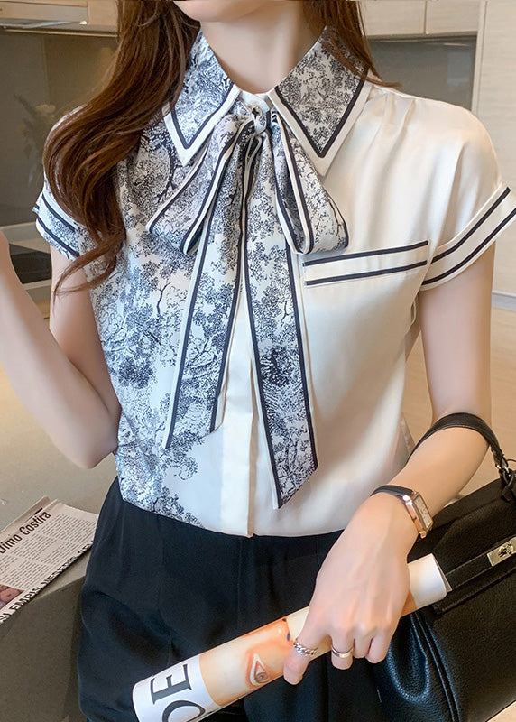 Peter Pan Collar Print Bow Silk Shirts Summer