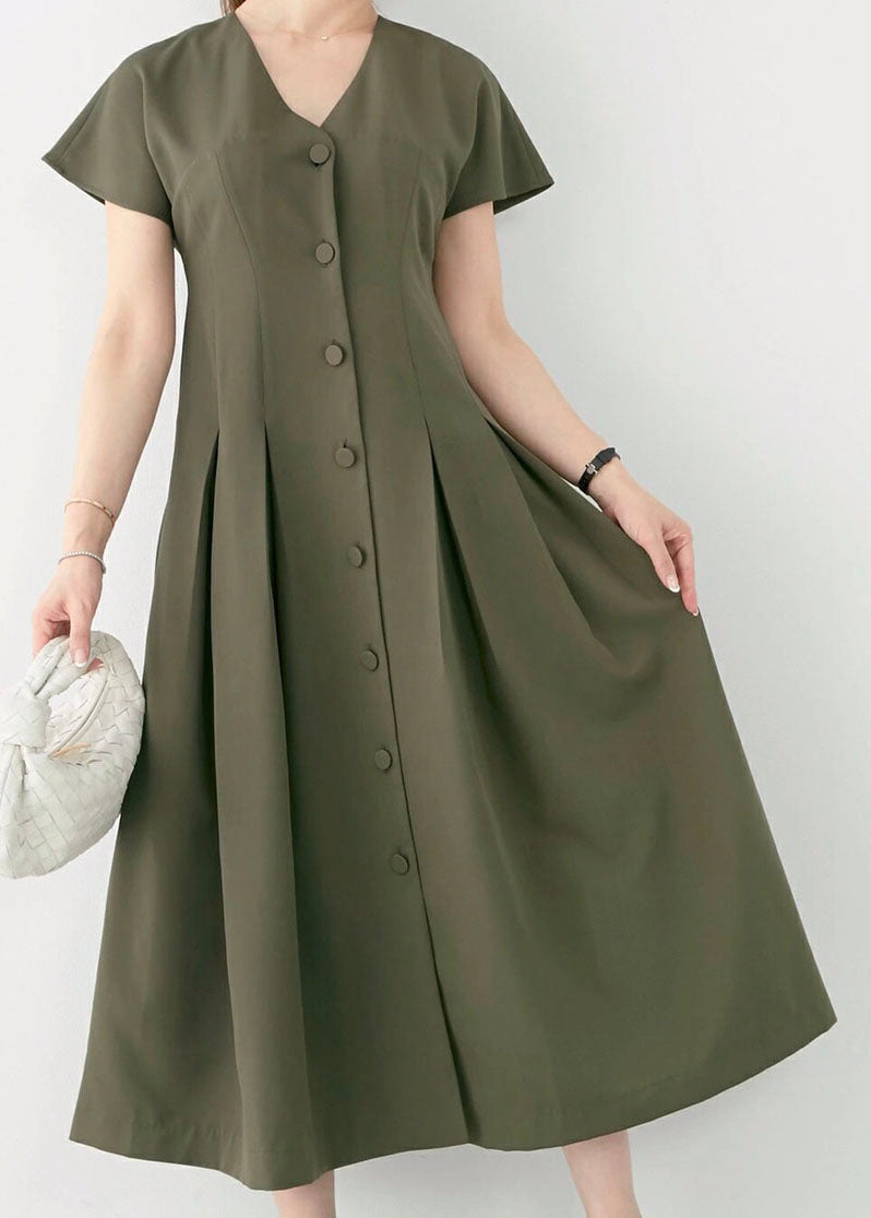 Green V Neck Patchwork Wrinkled Cotton Dress Summer