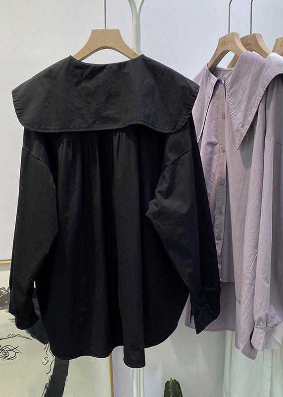 Purple Pink Peter Pan Collar Button Asymmetrical Design Fall Long Sleeve Top