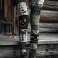 Comstylish Halloween Black Cat Colorblock Patchwork Cozy Knit Leggings
