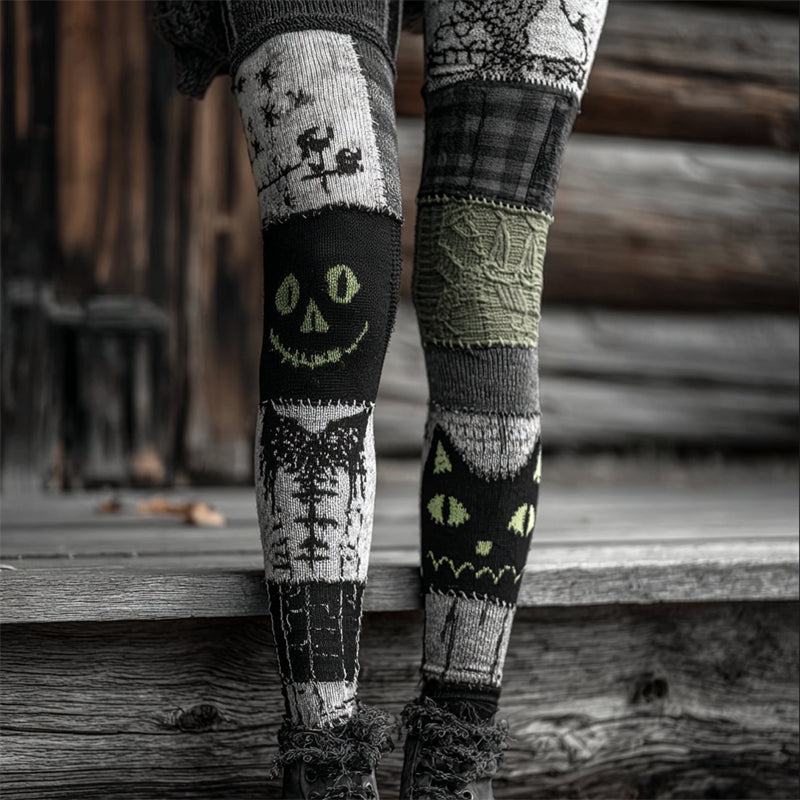 Comstylish Halloween Black Cat Colorblock Patchwork Cozy Knit Leggings