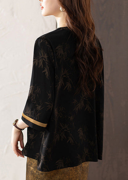 Fine Black Oversized Patchwork Chinese Button Silk Oriental Shirts Summer