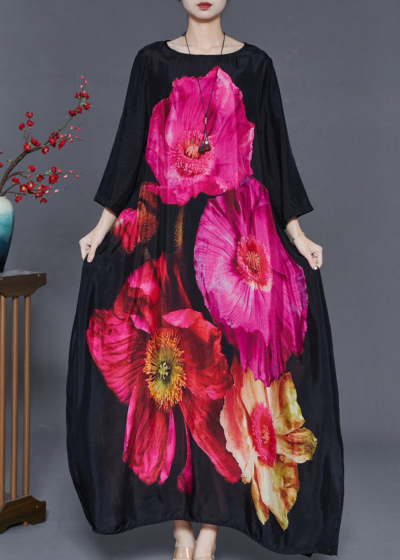 Black Oversized Print Cotton Holiday Dress Summer
