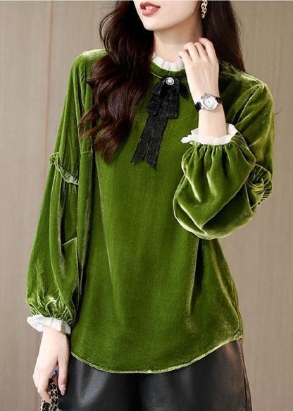 Green Ruffled Patchwork Velour Shirt Top Spring