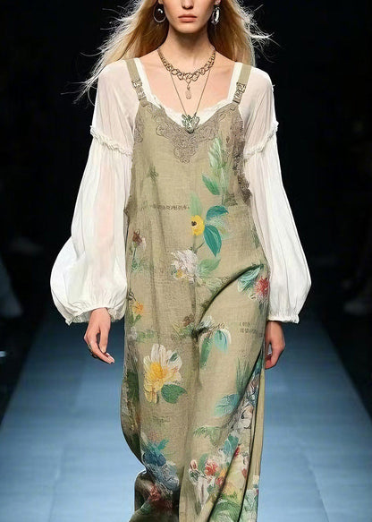 Green Print Cotton Jumpsuit Summer