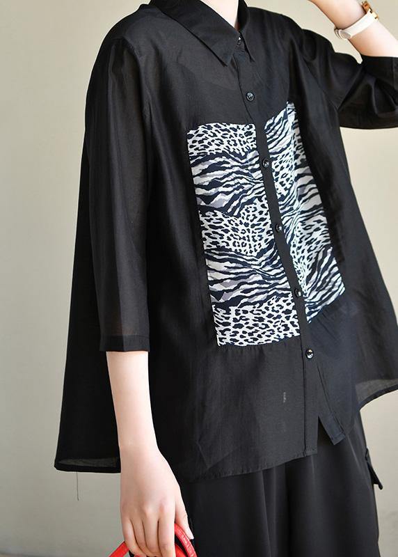 Fitted Black Striped Patchwork Blouses Half Sleeve Spring